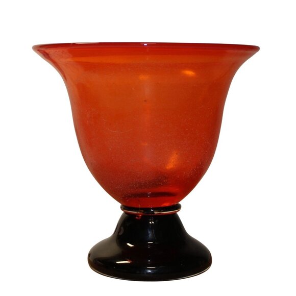 Frosted Orange Art Glass Pedestal Vase w/ Black Base 7" Round x 7" T Centerpiece - Picture 4 of 6